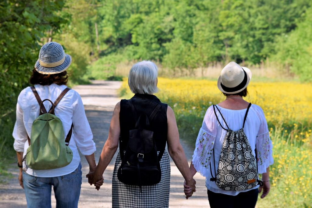 women, girlfriends, nature, happy mothers day, walk, friendship, together, hike, cohesion, help, affection, generations, mother, pleasure, trust, path, future, old, menopause, connectedness, life, excursion, recreation, time out